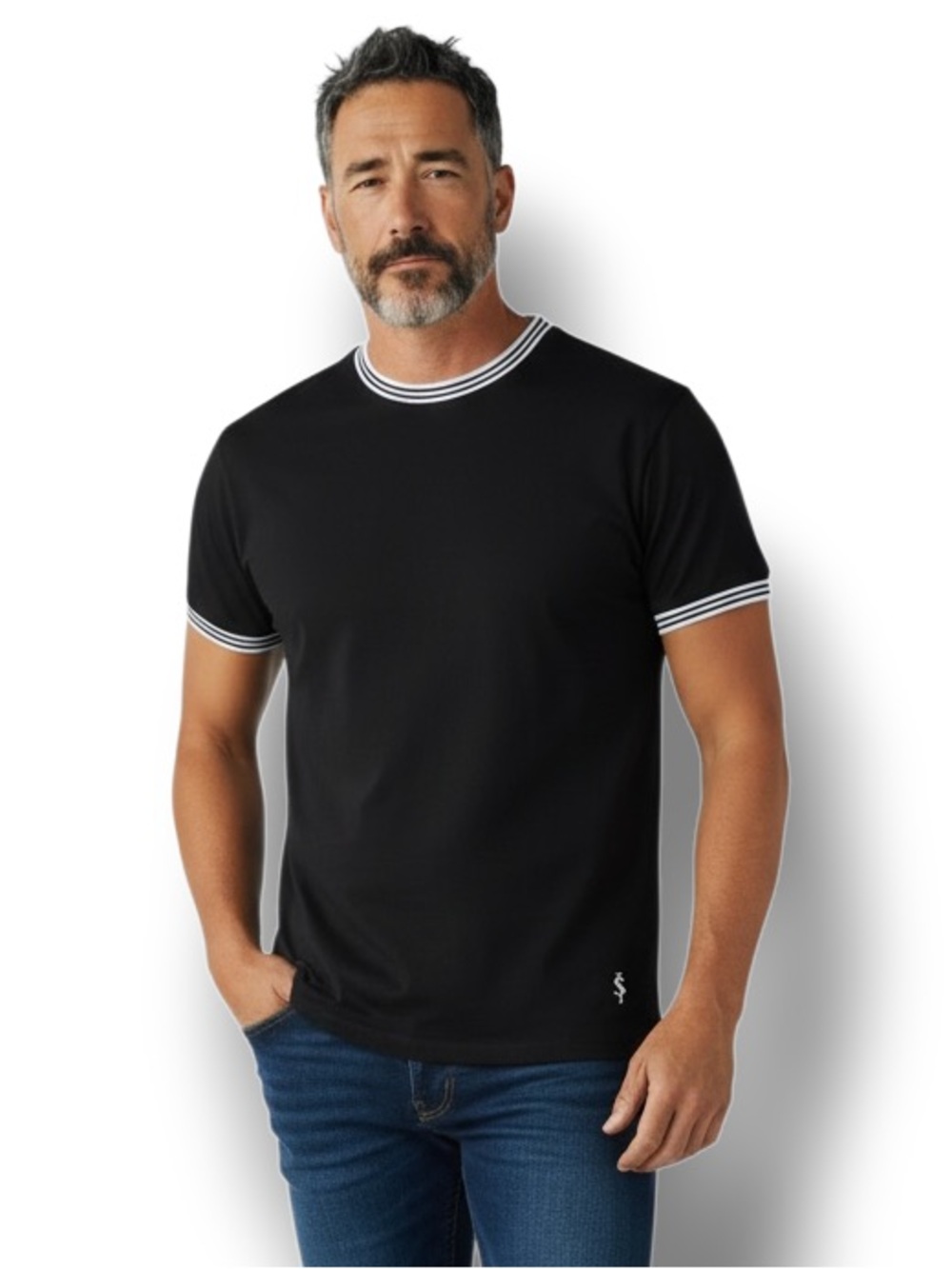 Scott James Men's Crewneck Short Sleeve Ringer Tee Shirt Elevated Casual Black M
